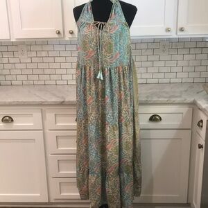 Paani Dress Womens Small Green Blue Paisley Halter Bohemian Hippie Boutique Boho